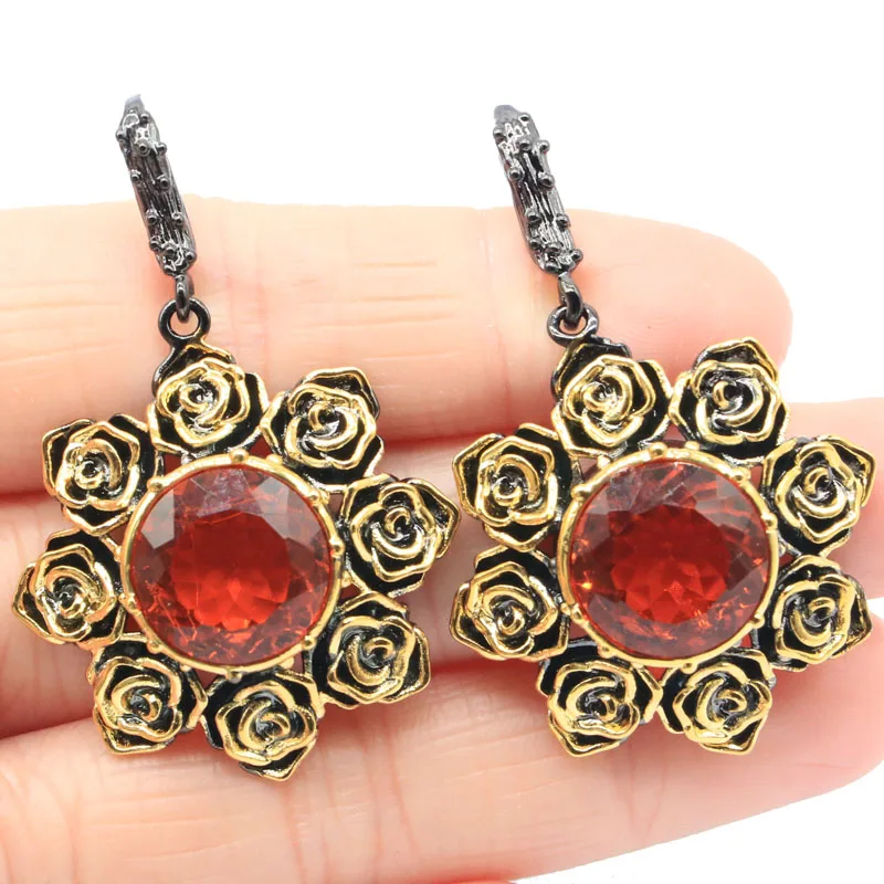 Buy 3 get 1 free 46x29mm Unique 21g Sunflowers Jewelry Set Orange Spessartine Garnet Black Gold Silver Earrings Pendant