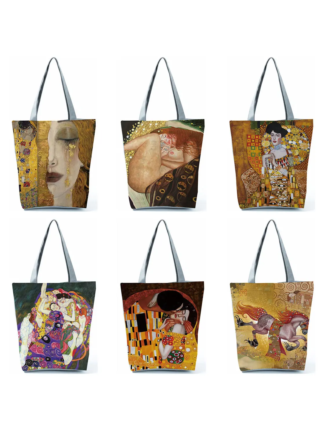 Customized Oil Painting Tears Cloth Tote Bags For Women Gustav Klimt Ladies Fashion Handbag Large Capacity Shopping Totes Bags