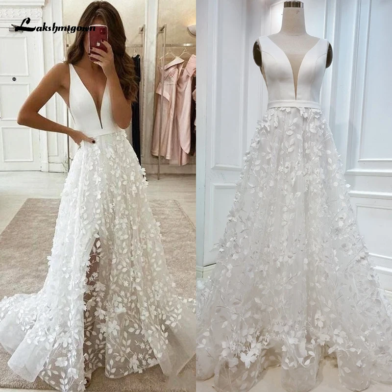 Boho V-neck Off the Shoulder koronkowe aplikacje A-Line suknia ślubna 2023 satynowa suknia ślubna Sweep Backless piętro robe de mariée