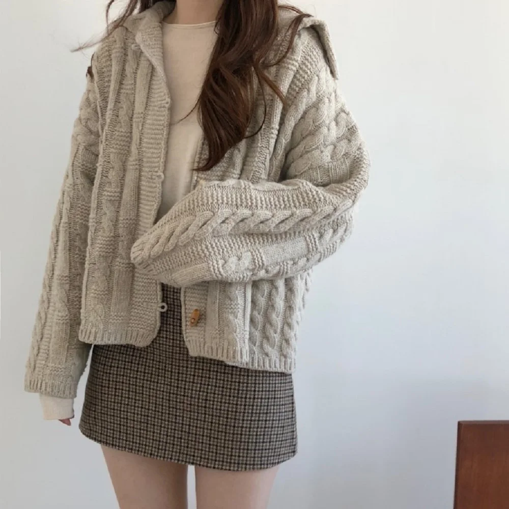 Coarse Knit Long-Sleeved Cardigan Jacket Over Size Sweashirt Sweater Woman Ladyโs Bouses