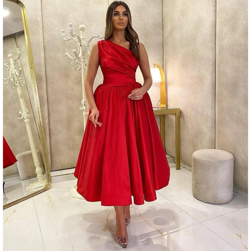 

One Shoulder Short Burgundy Prom Dresses Tea Length A Line High Quality Satin Wedding Party Dress Plus Size Women Gowns