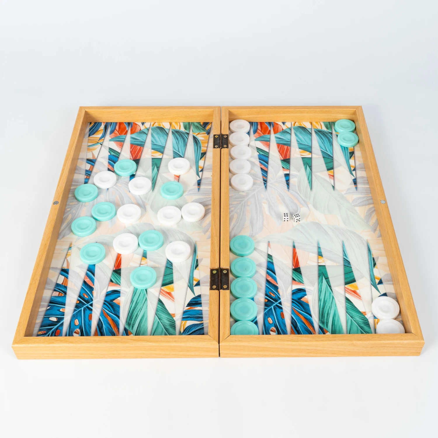 Classic Backgammon Board Game Tavla Wooden Modern Tropic Design Big Size Perfect Gift Dice & Checkers Included