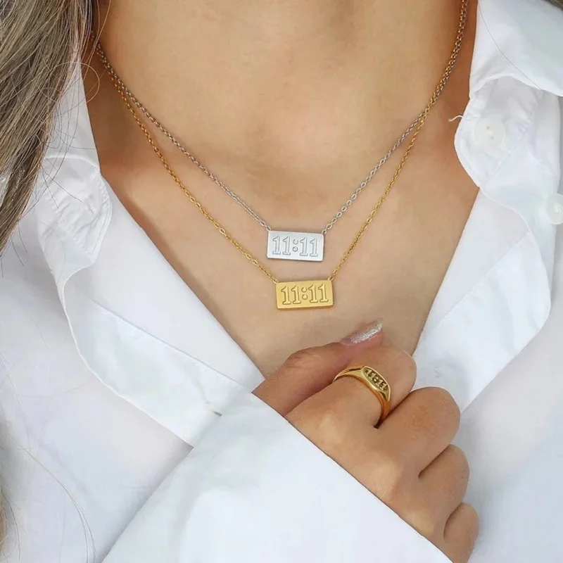 11:11 Rectangle Pendant 18K Gold Plate Necklace Fine Polished Stainless Steel Jewelry Meaningful Number Necklaces For Woman Gift