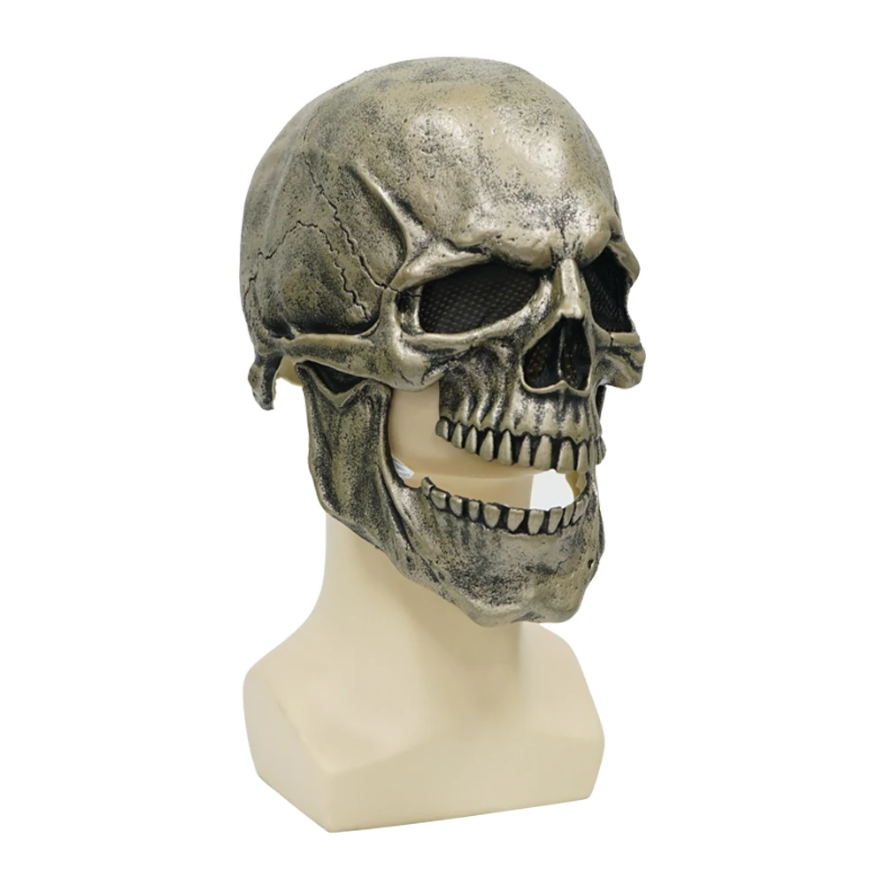 Eraspooky Golden Skull Full Mask Silver Skeleton Latex Helmet With Moving Jaw Scary Halloween Costume Prop