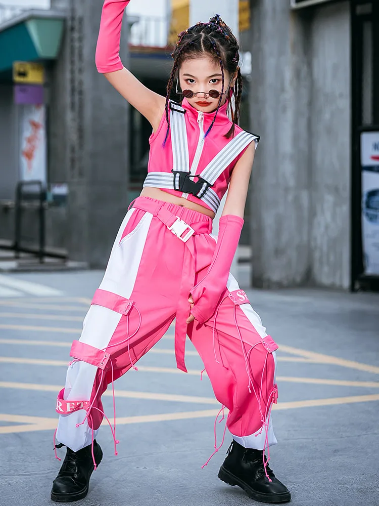 ZZL K-pop Stage Outfit for Girl Urban Dance Children Clothes 4 Pcs White and Pink Costume Jazz Hip-hop Street Dance Show Wear