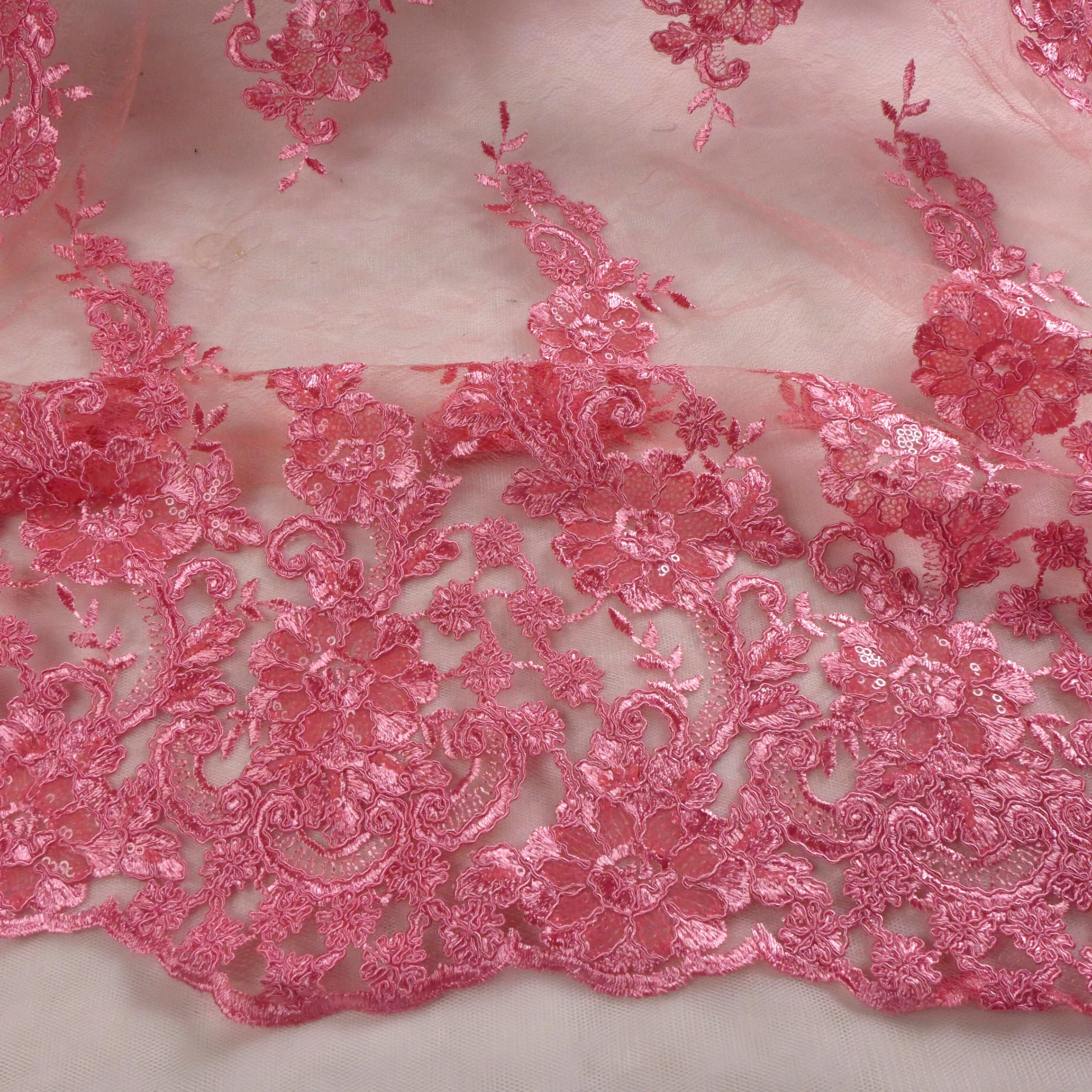 La Belleza 1 yard  Pink cord with sequins on irregular Dark pattern net embroidery lace fabric