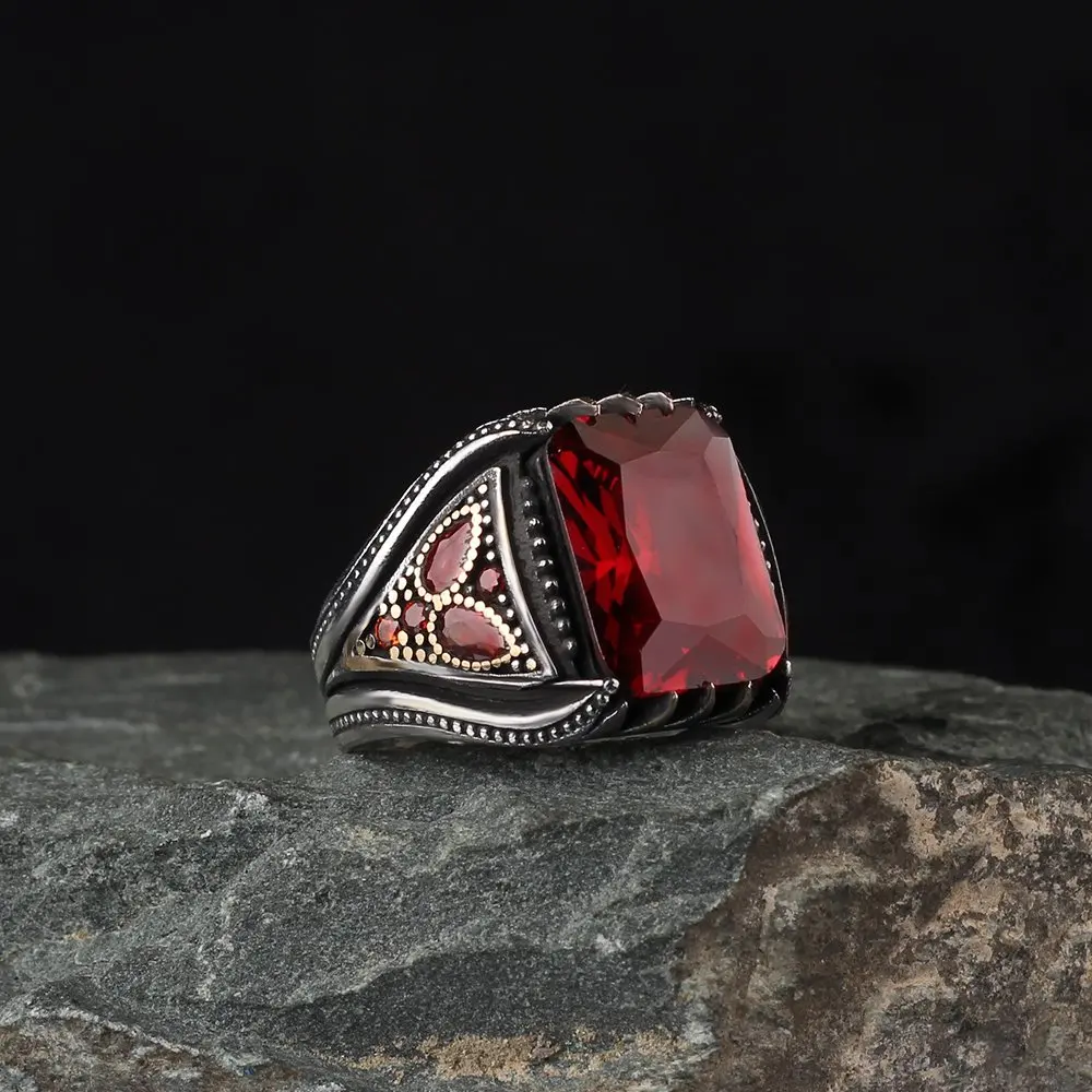 MEN 'S 925 Sterling Silver Ring Red Zircon Stone Gift Product Special Design Handmade Made in Turkey