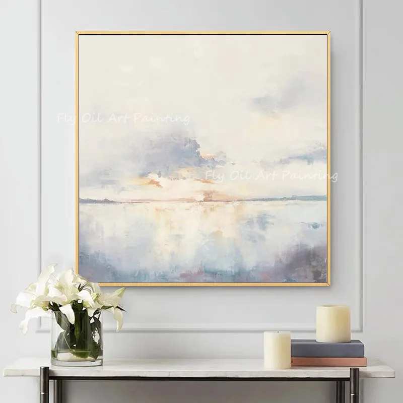 

100% Handmade simple nordic style pure landscape ocean seaside with sunrise oil painting no frame on canvas wall decor picture