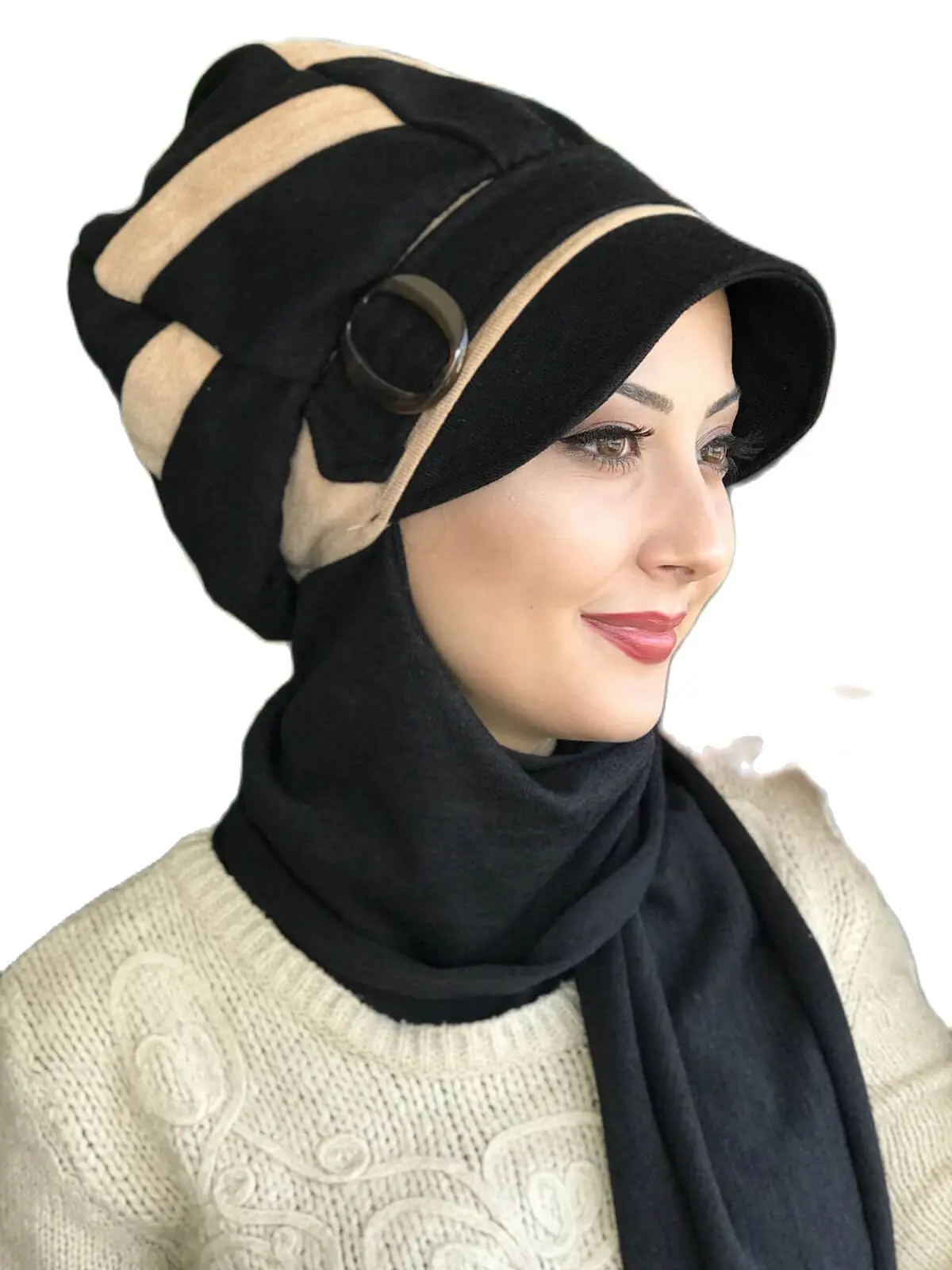 New Fashion Women 2021 Muslim Headscarf Islamic Turban Women\'s Scarf Tulle Foulard Bonnet Black Buckled Cream Striped Hat Shawl