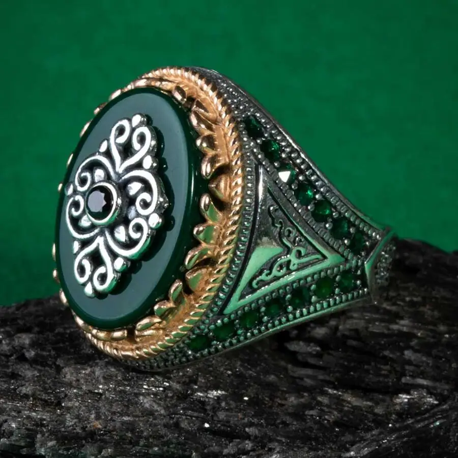 

Triangle Motif Green Zircon Sterling Silver Men's Ring Fashion Turkish Premium Quality Handmade Jawelery