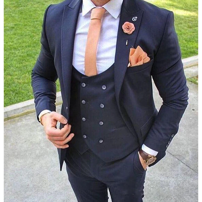 

High Quality Midnight Navy Suits for Men Groom Tuxedos Peak Lapel Best Man Costume Homme Wedding Suit 3 Piece Blazer+Pants+Vest