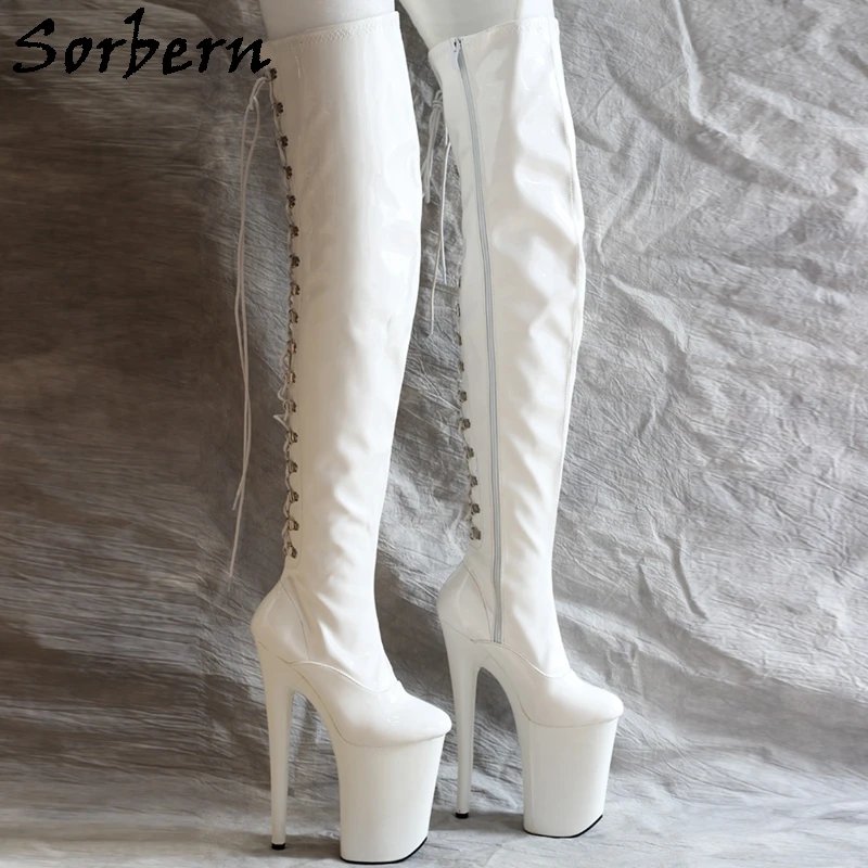 Sorbern White Back Lace Up Boots Women Mid Thigh High 23Cm Extreme High Heel Platform Customized Leg Size EU36-40