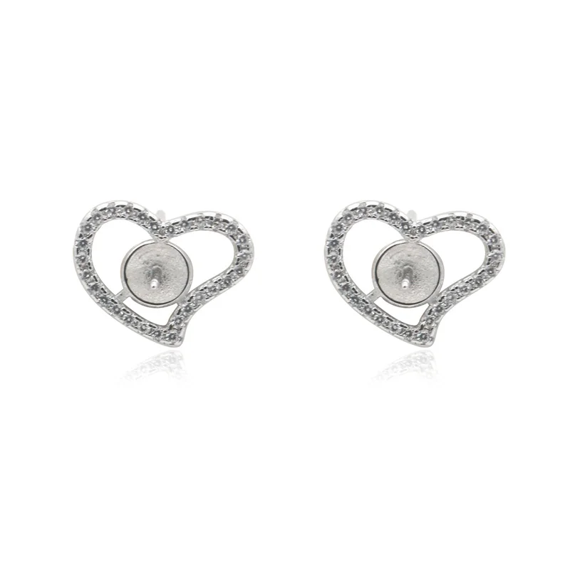 2pcs 925 Sterling Silver Heart Ear Stud Earrings Settings  DIY For Half Drilled Beads 11x14mm  Platinum Plated With Zirconia