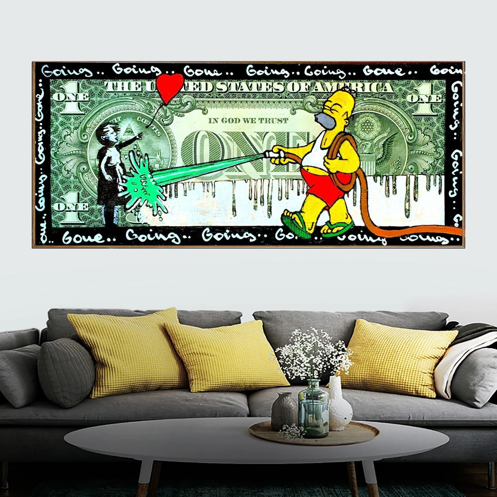 

Disney Simpson Cartoon Graffiti Banksy Green Money Wall Art Inspirational Print Canvas Painting Mural Poster Decoration Gift