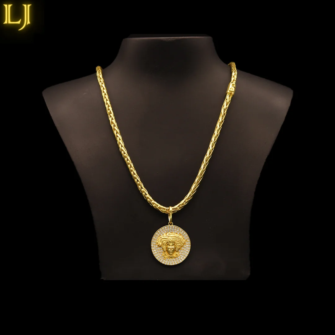 5MM Half Cane Palm Chain Set + Ancient Coin Craved Medusa Pendant®Eternal Guarantee in Color! Identical 18K Gold