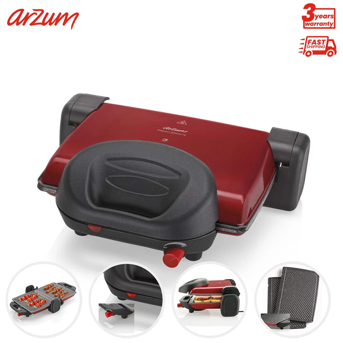 Arzum Panini Prego Granite Grill And Sandwich Maker Electrical Sandwich Maker Breakfast Machine Household Baking Toaster With Floating Hinge System Granite Effect Removable Plates Vertical Storage Thermostat Light