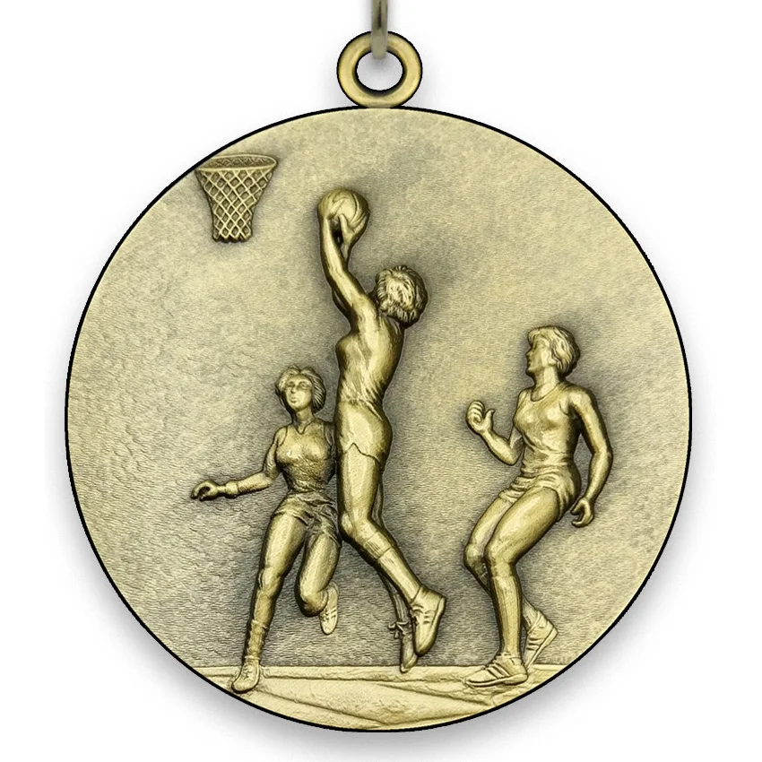 Large Metal - Basketball Medal - Female - Gold - 6,4 cm - with Neck Ribbon size 2,2cm x 80 cm, Choice of Ribbon Colours.