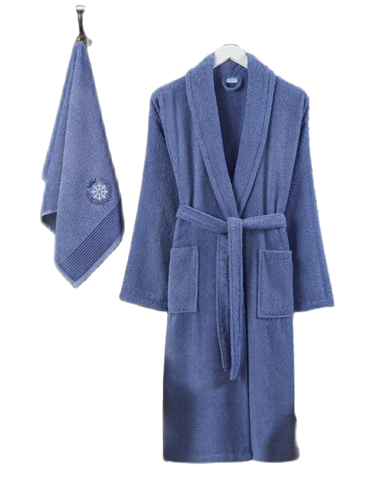 2 Pcs Lux Soft Cotton Blue Bathrobe Set For Men 1 Bathrobe 1 Head Towel Bathrobe Set Nightrobe Sleepwear Home Wear Robe Turkey