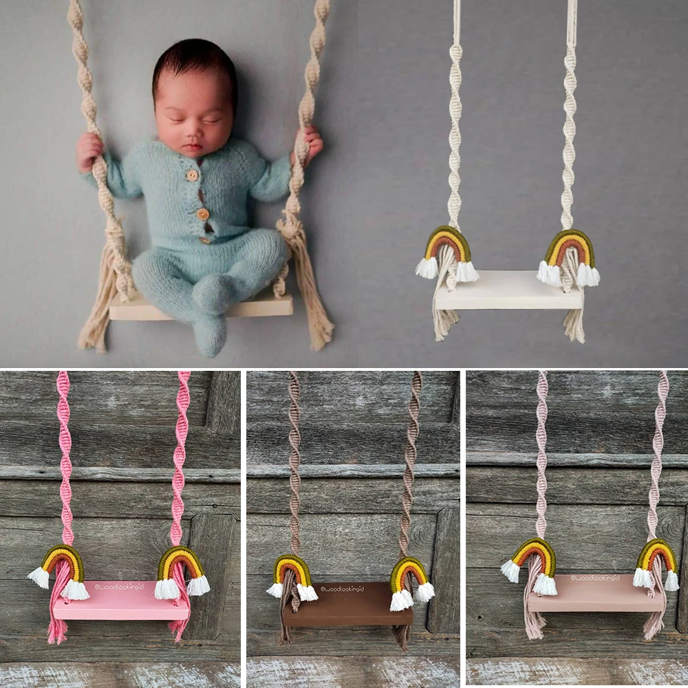 Wooden Swing Newborn Posing Prop Natural Toys Vintage Swing Rainbow Macrame Boho Children's Photography Shootsession Posing Aid