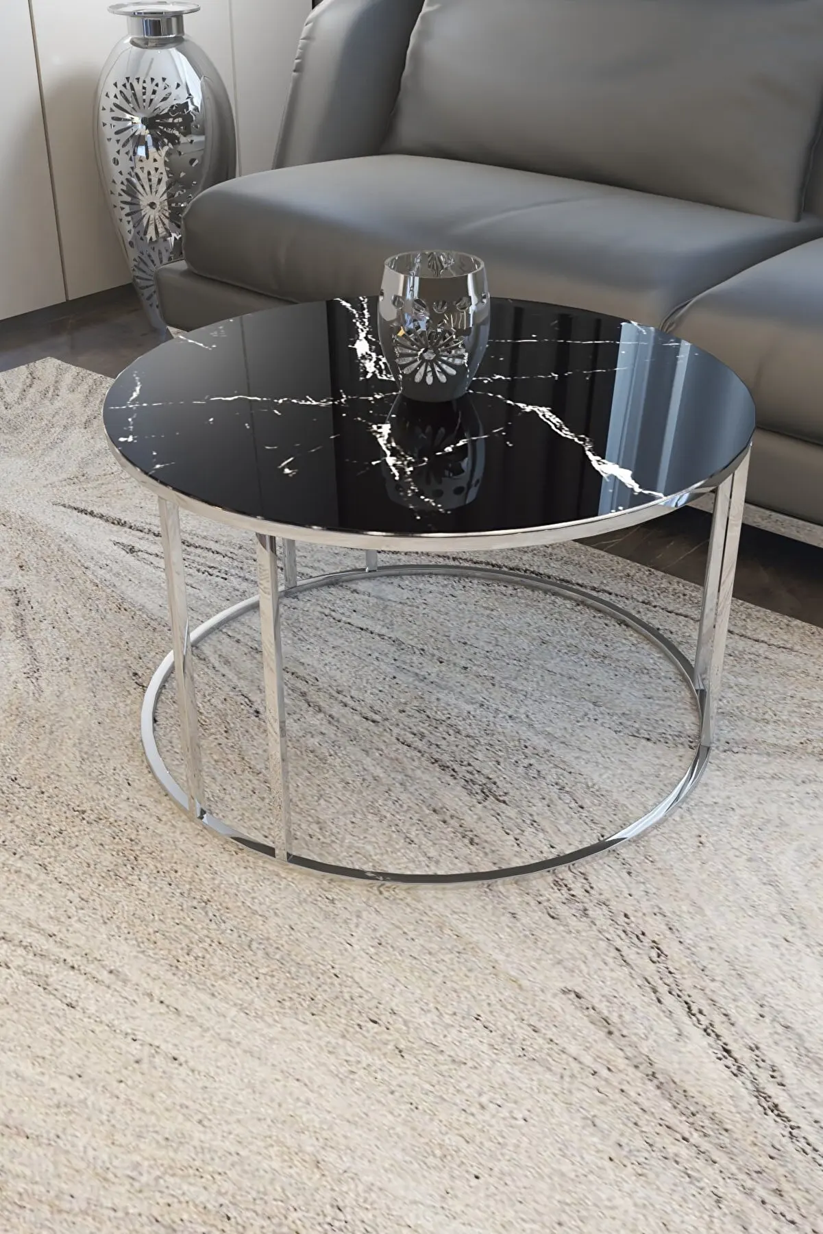 ARTISTIC HOBBY ENTERTAINMENT TABLE METAL OVAL SILVER LEGS BLACK WHITE MARBLE PATTERN UNBREAKABLE TEMPERED GLASS COFFEE TABLE