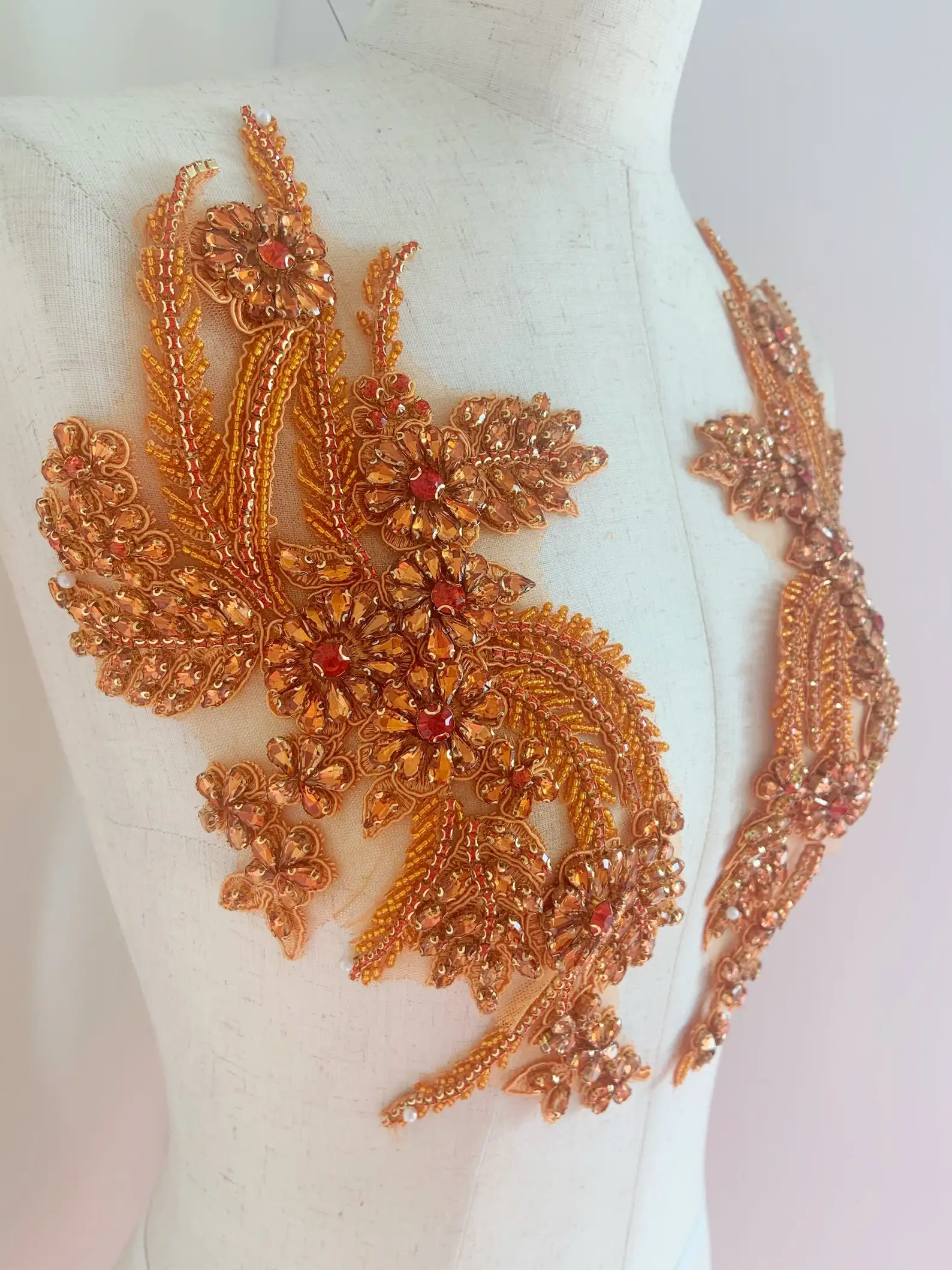 Popular Orange Rhinestone Appliqué, Rhinestones Bodice Applique Sewing Beads Crystal Trim Patches Dress Accessory