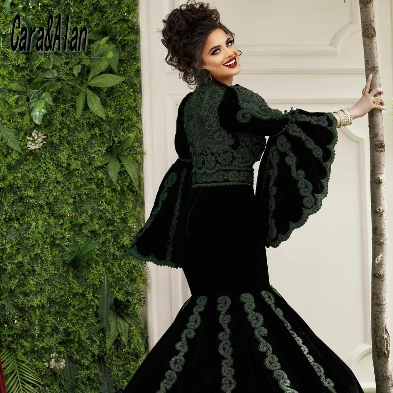 Traditional Kosovo Albanian Style Black Evening Dresses Flared Long Sleeves Applique Mermaid Prom Dress robe de soirée 2021