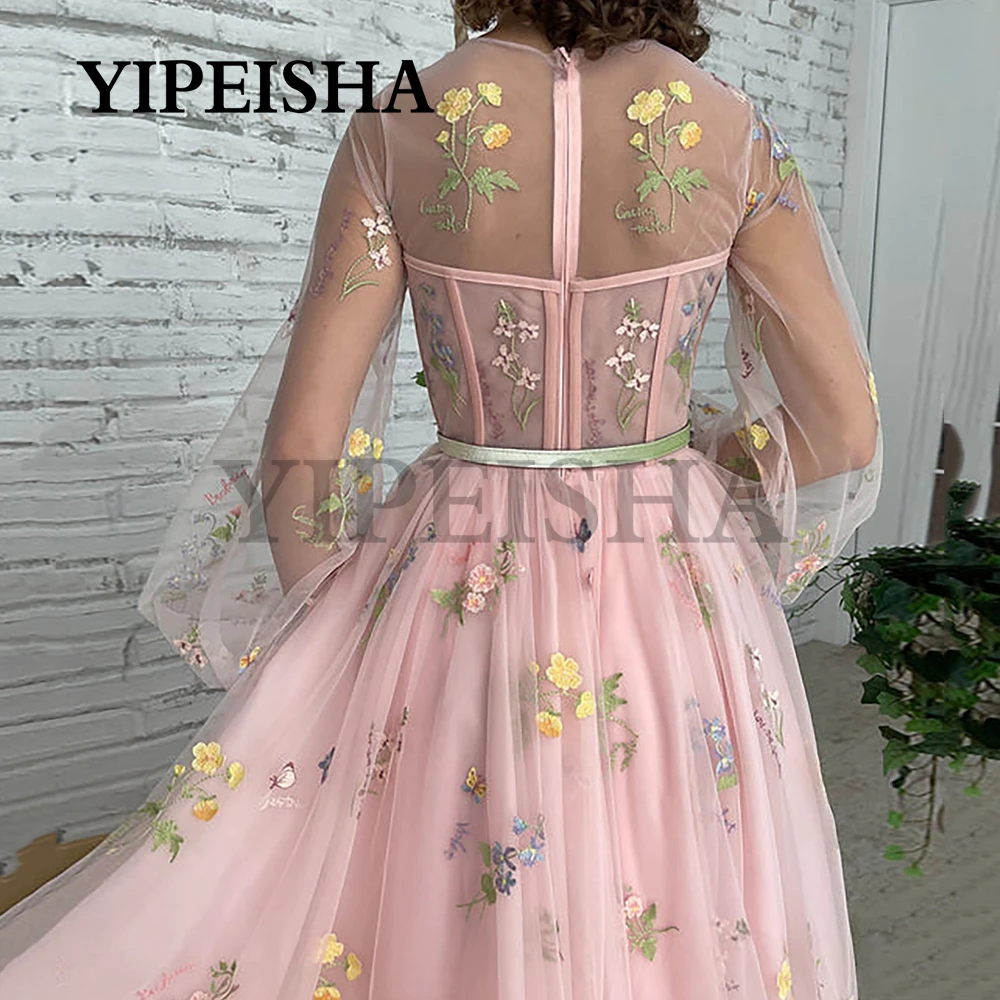 Vestidos De Noche transparentes con cuello redondo personalizados, batas De fiesta De manga larga acampanadas, tren De barrido, vestido De fiesta De princesa rosa, Vestidos F