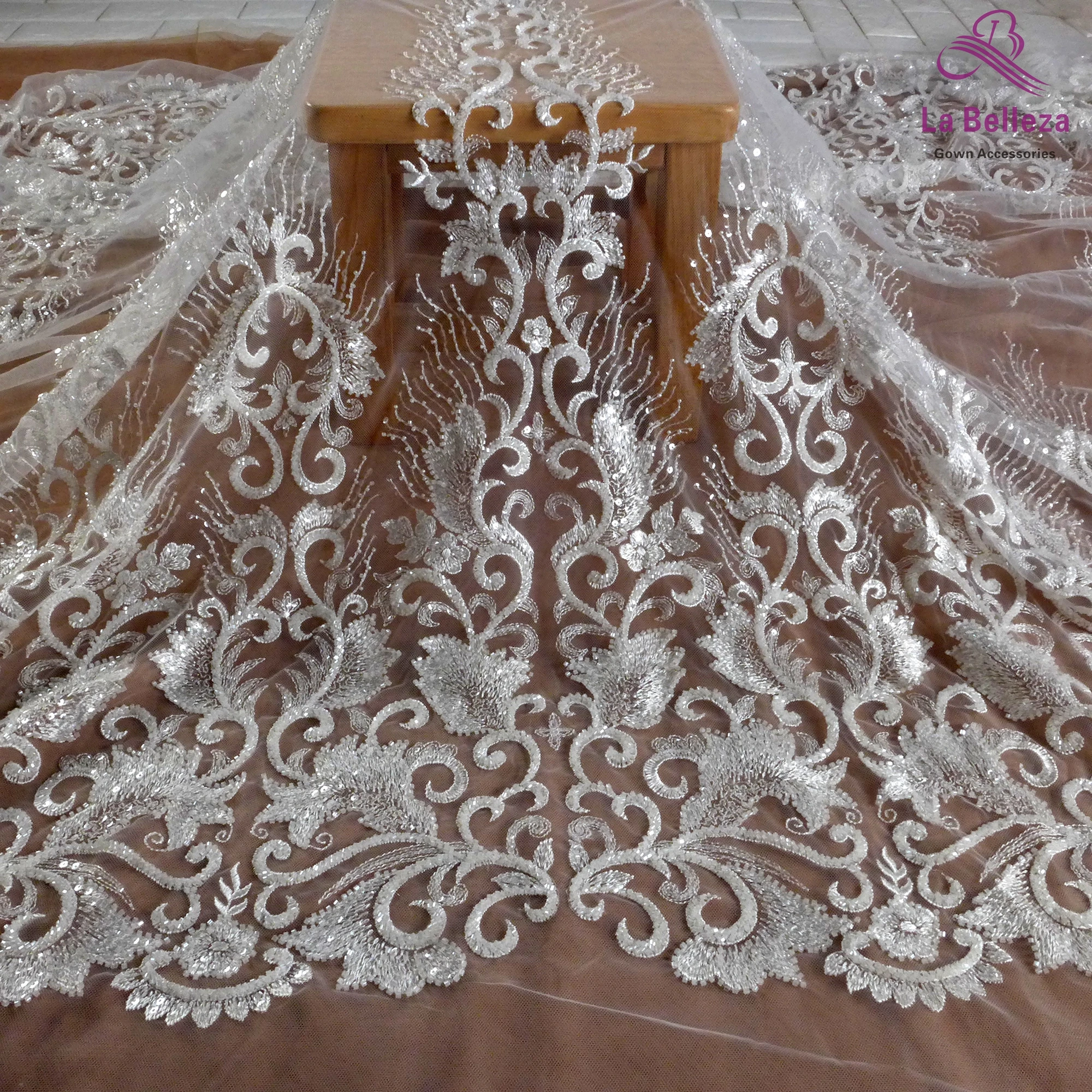 Lace fabric pattern White Embroidery beaded through bright piece wedding dress high-grade sewing fabric 1 yard