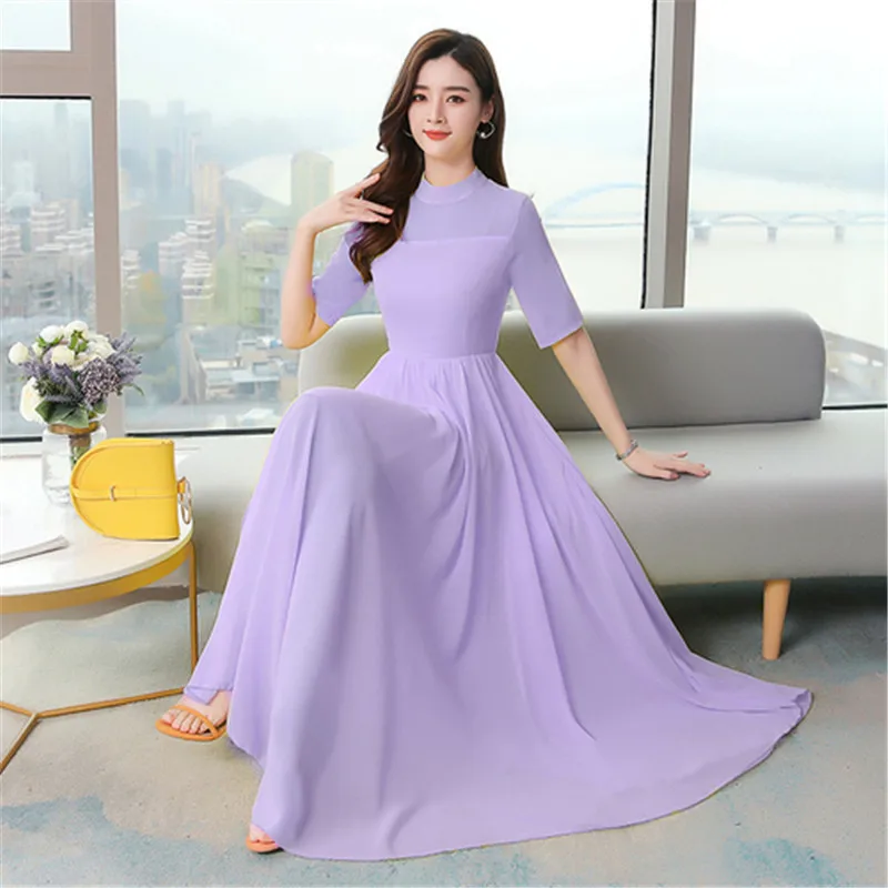 Short-sleeved dress 2020 summer new retro stand collar ladies solid color waist was thin and big swing chiffon dress