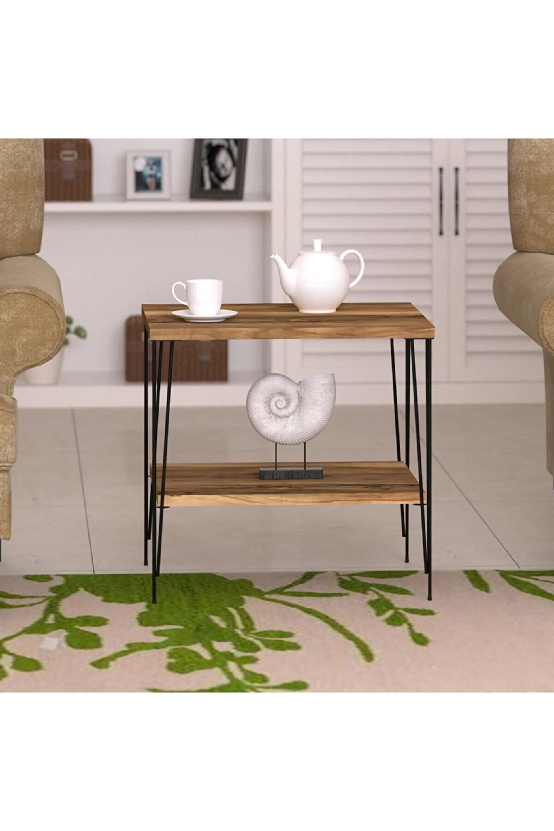 Hairpin Black Wire Leg Bottom Shelf Tropik Walnut Surface Modern and Stylish Side Coffee Table Dresser Living Room Bed Room