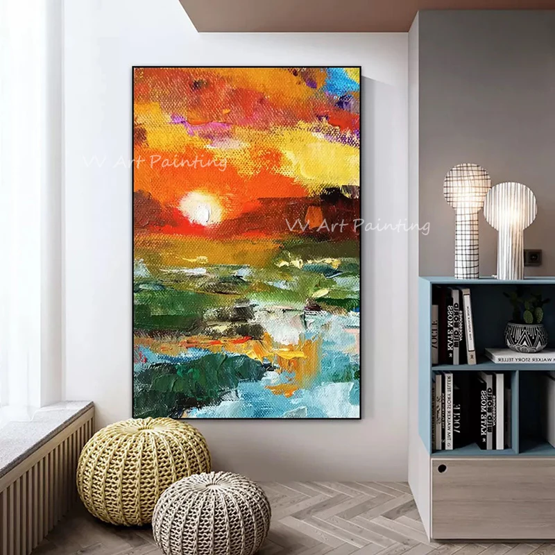 Handpainted Palette Knife Sunset Seascape Oil Painting, Impasto Thick Texture Sunset Ocean Canvas Wall Art Entryway Decor
