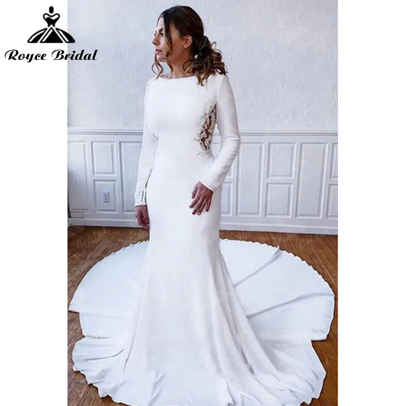 Semplice elegante o-collo manica lunga Cap Appliques di pizzo abito da sposa a sirena abito da sposa in raso pulsante Sweep abiti da pavimento