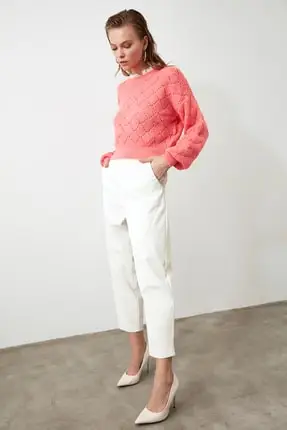 Pull en tricot de dentelle ajourée rose pour femmes, pulls en organza élégants pour femmes