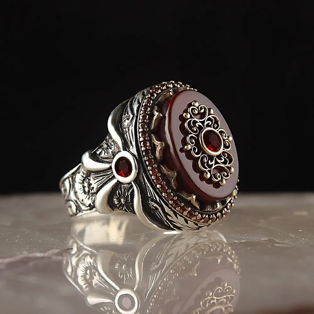 Agate Stone Pen Engraved Silver Men 'S Ring