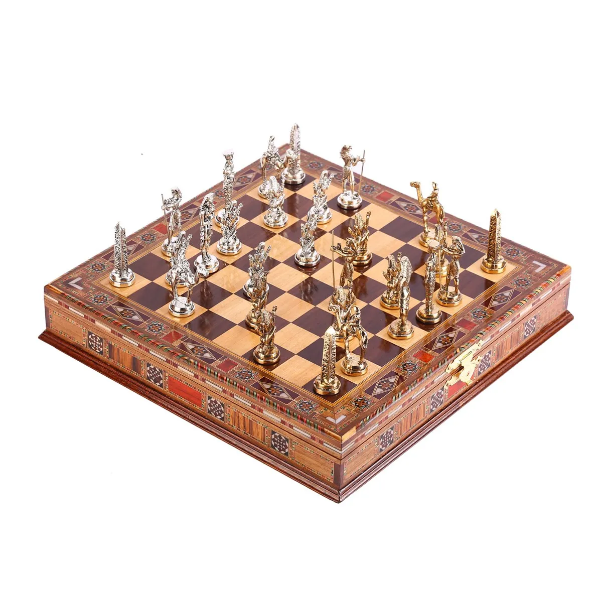 

Metal Egyptian Chess Set Glossy and Handmade Solid Wood Crate Chessboard Board Size: 38x38x6,5 cm