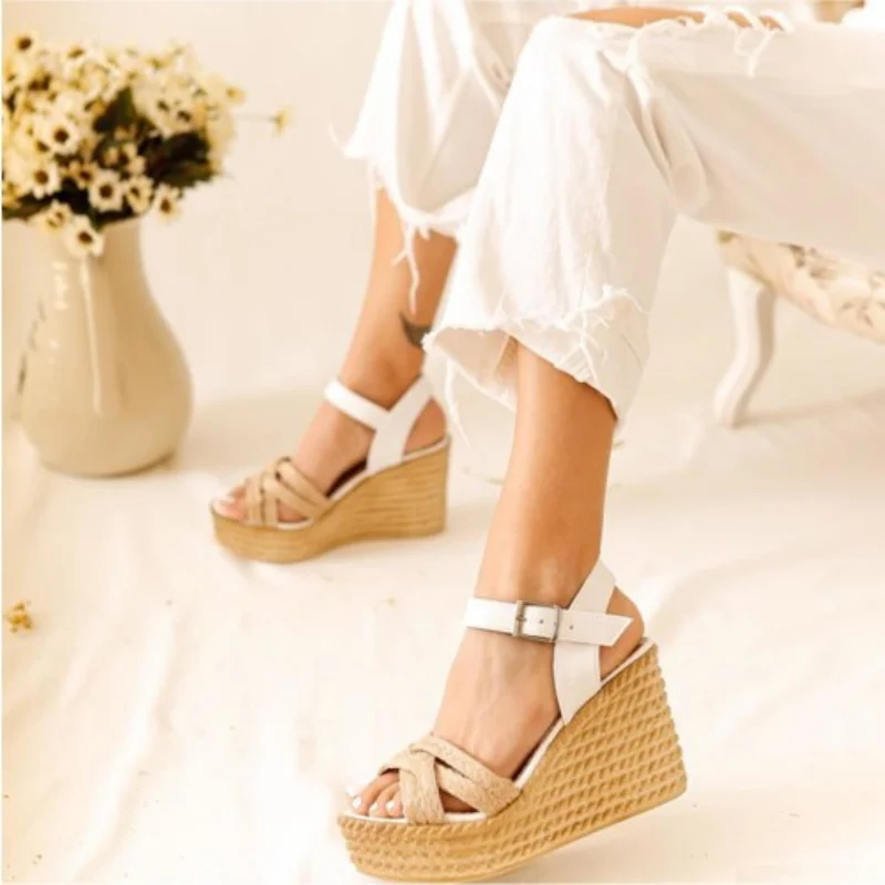 Margo White Cross Straw-Banded Linen High Heels Sandals For Women Ergonomic Mold Open Toe Beach Shoes Summer 2021