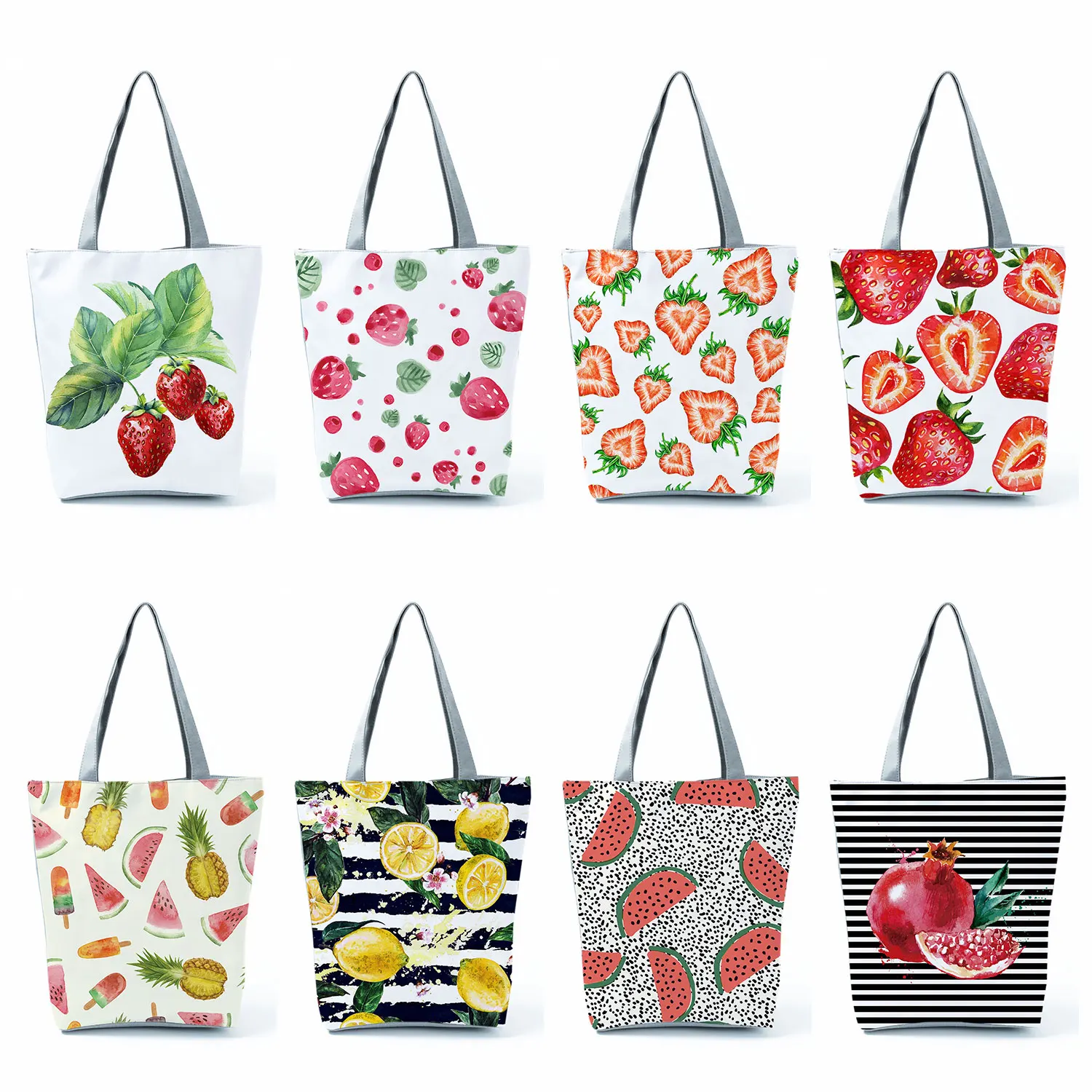 Lemon Strawberry Print Handbag Cartoon Large Capacity Eco Reusable Shopping Bag Foldable Fruit Graphic Travel Beach Shoulder Bag