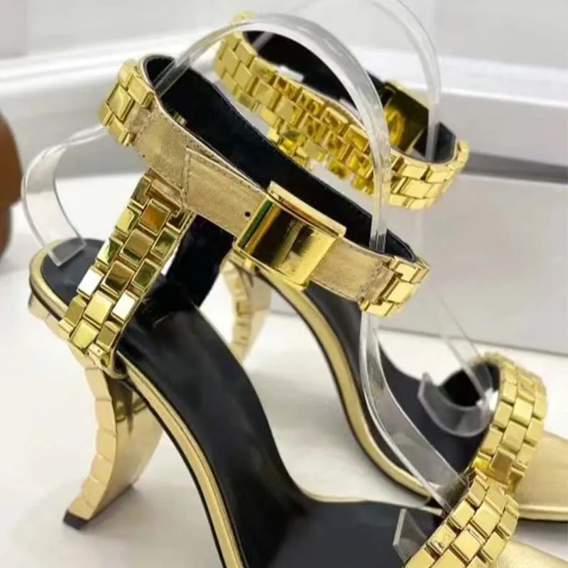 

Women's Gold Watch Strap Sandals Shaped Heel Watch Strap Heel Sandals Open Toe Solid Gold Buckle Sandals Footwear Large Size 39