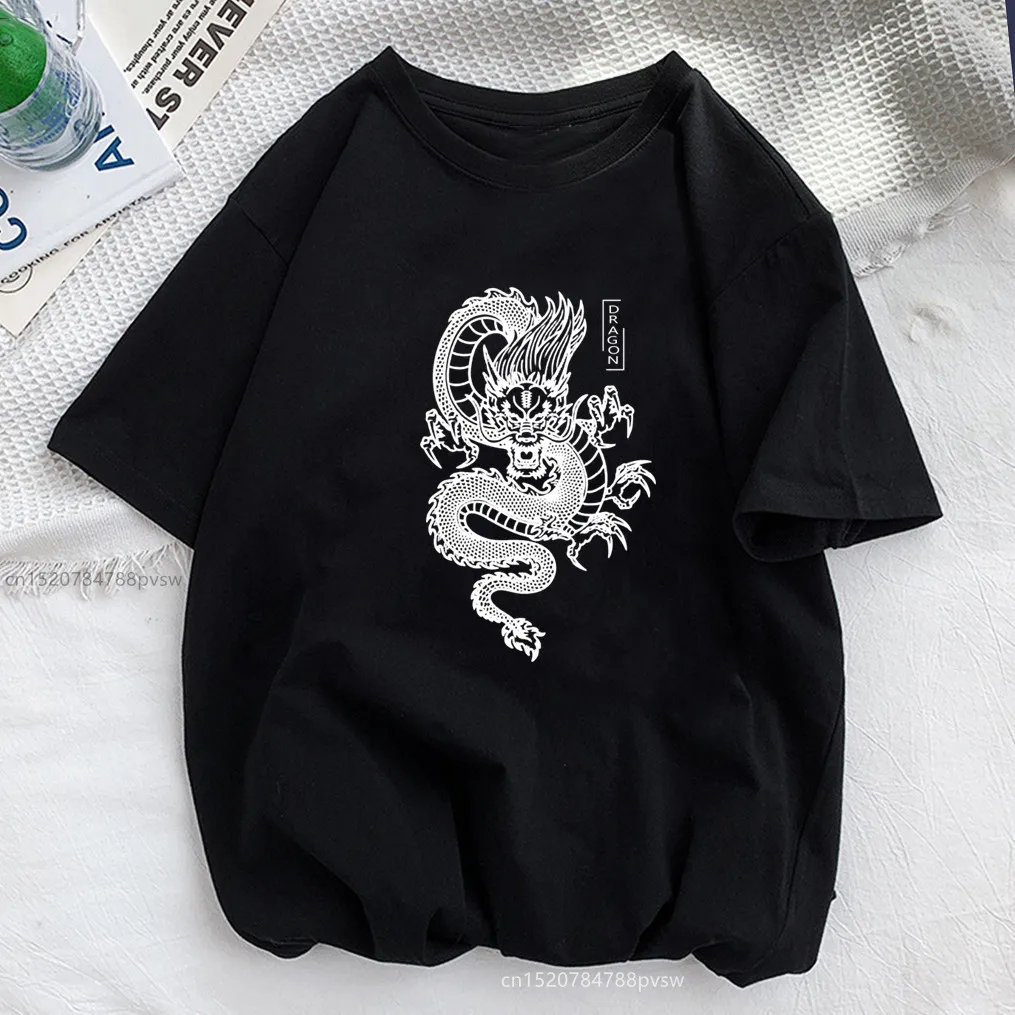 Women Dragon Funny Print T shirt Girl Casual Harajuku Y2K Tops Tee Lady Black Clothes