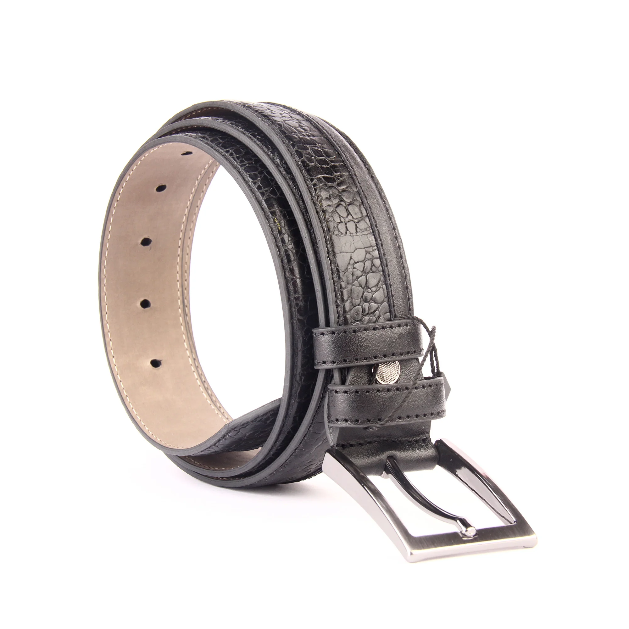 

Handmade Black Leather Belt with Real Calfskin, Dark & Light Brown, Embossed Pattern, Men's Classic Fashion Accessories