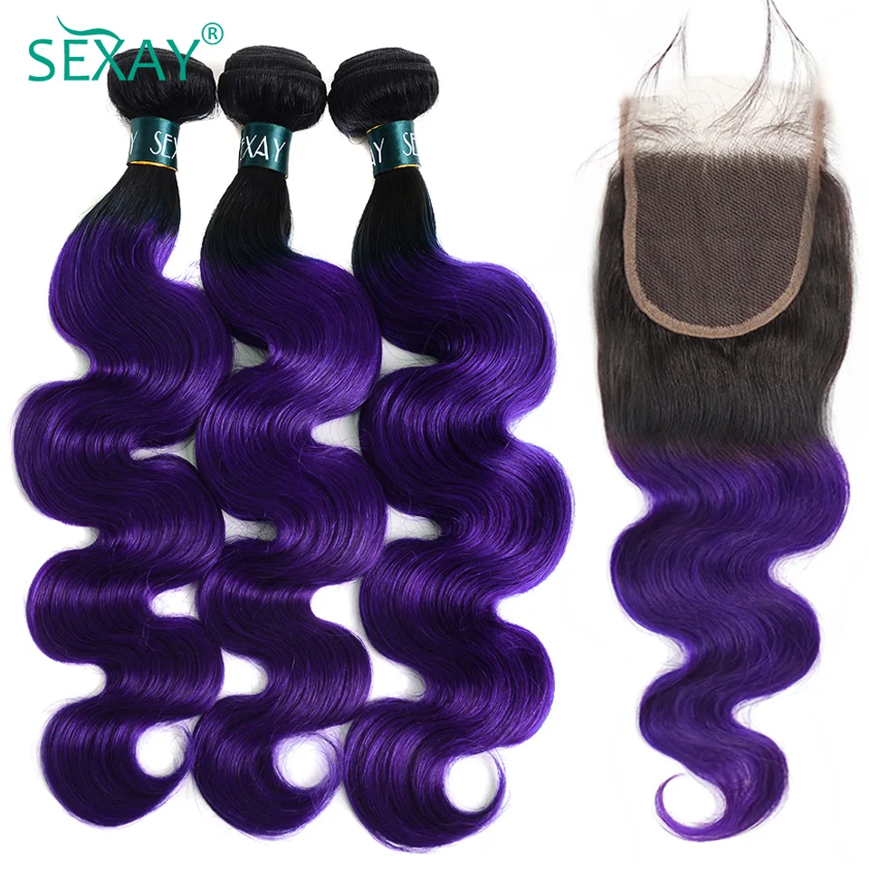 1B Purple Body Wave Hair Bundles With Closure 10-28 Inch Brazilian Ombre Human Hair Weave Bundles With Transparent Lace Closures