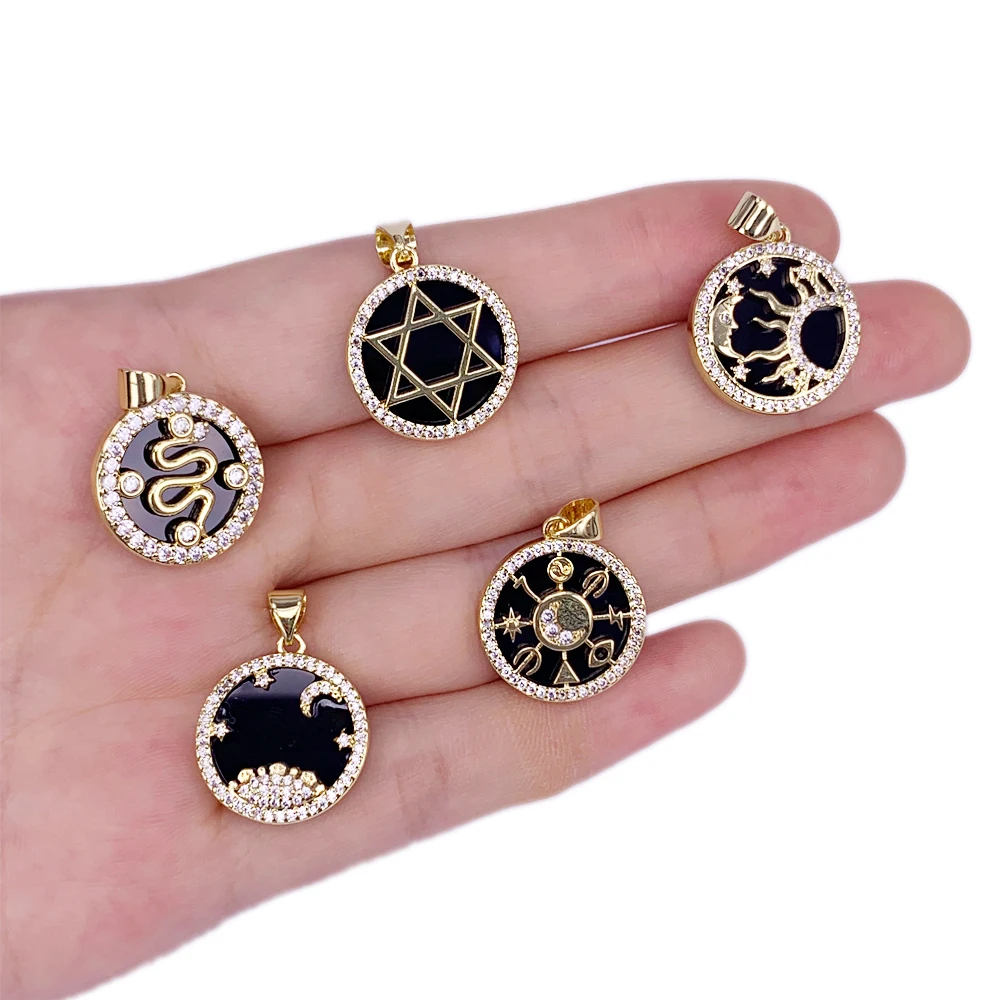 Natural Stone Black Agate Pendant Charms Brass  Gold Plated With Cubic Zirconia 17x19mm  Accessories For DIY Making Necklace