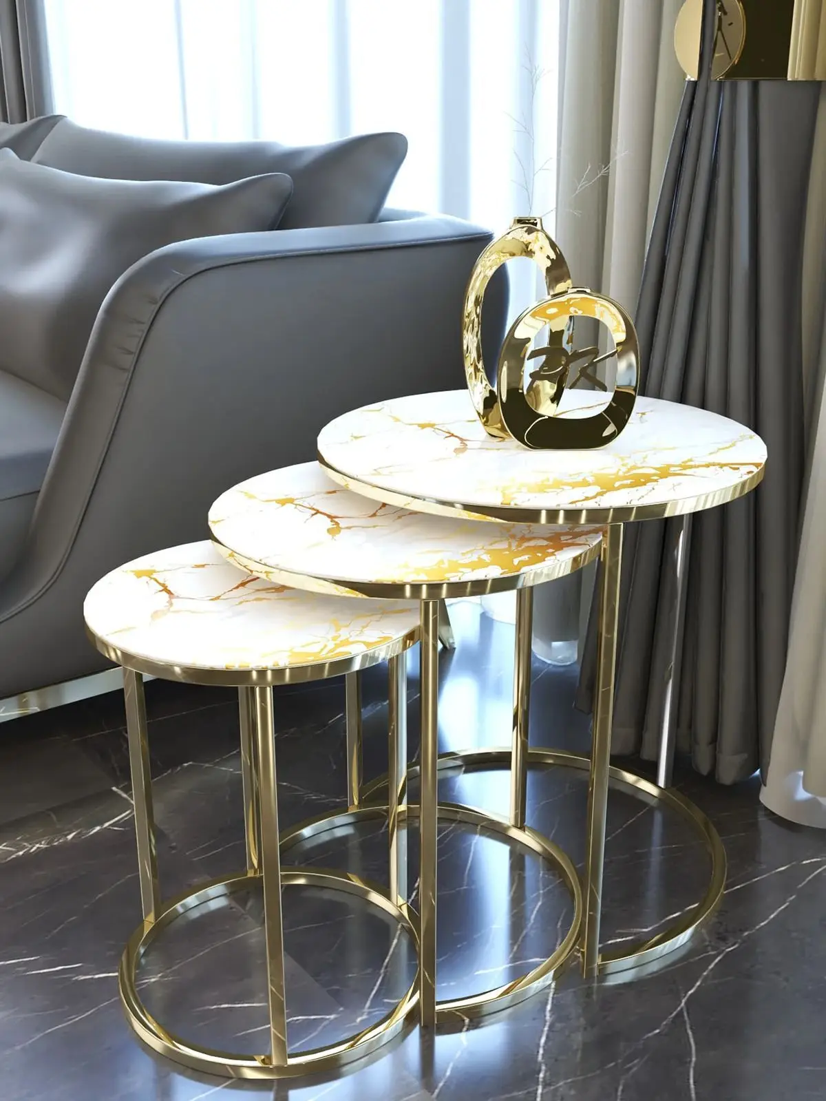 Home Decoration Unbreakable Glass 3 Piece Zigon Coffee Coffee Table (Marble Patterned) Metal Decapod Elegant Design