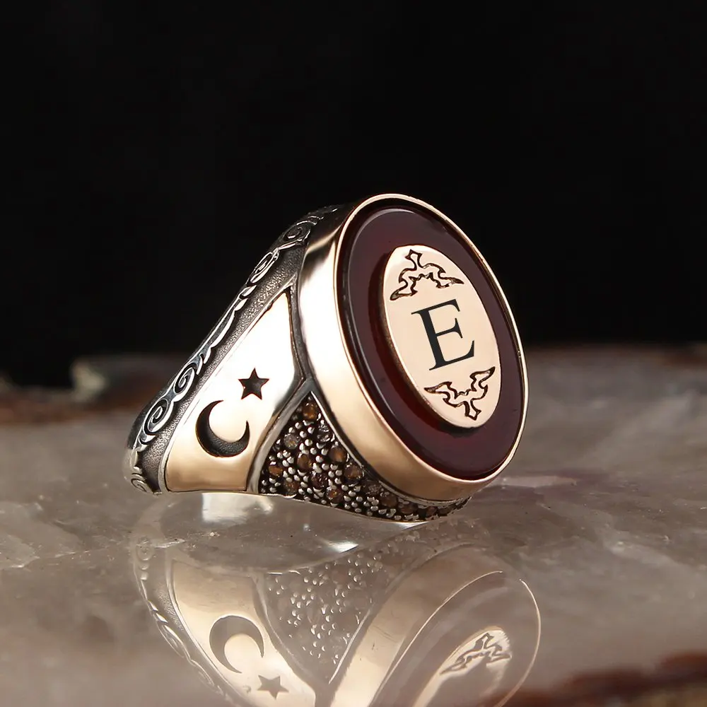 Personalized Letter Agate Gemstone 925 Sterling Mens Silver Ring