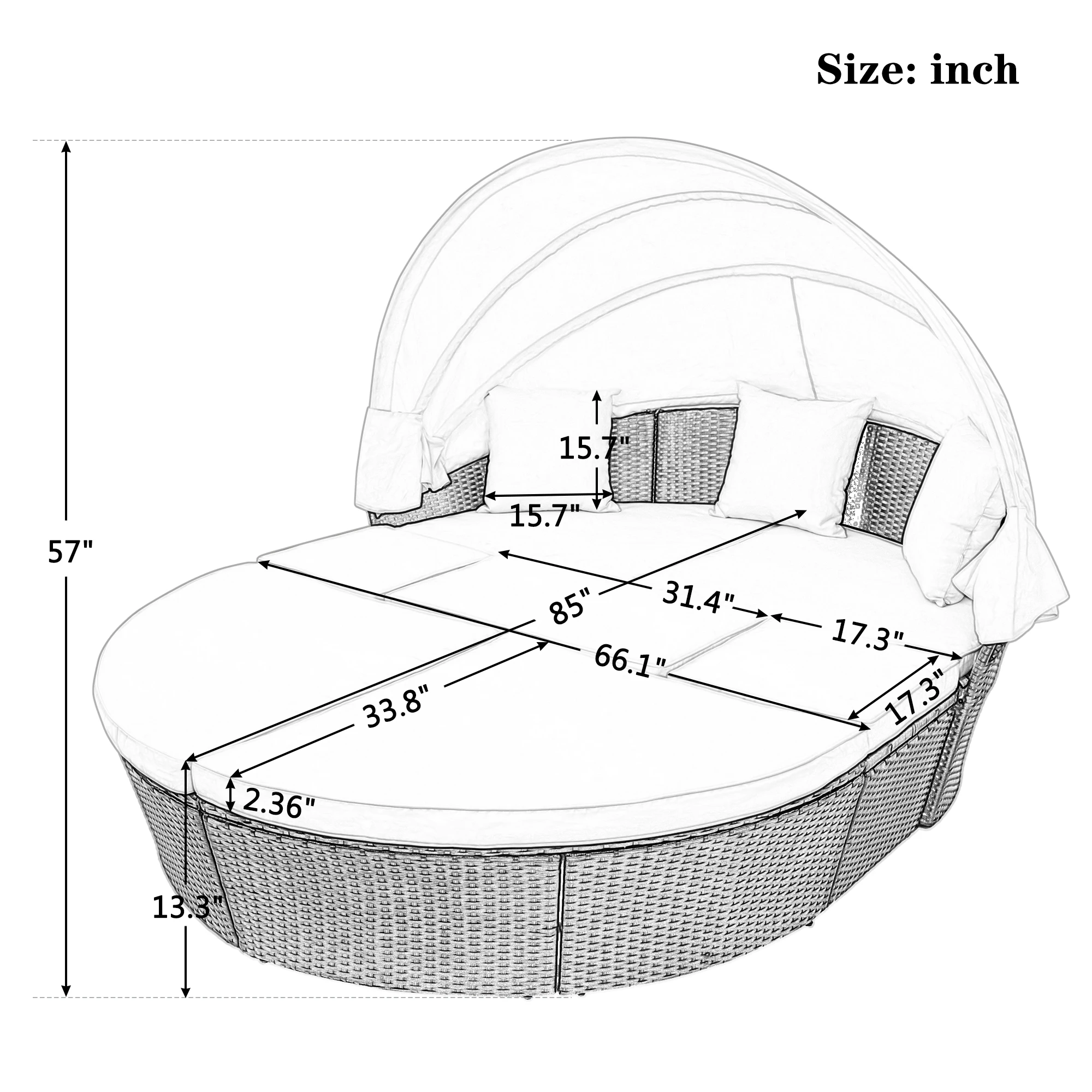 Outdoor Rattan Daybed Sunbed W/Retractable Canopy Round Sectional Sofa Set Black Wicker Furniture Clamshell Seating[US-Stock]