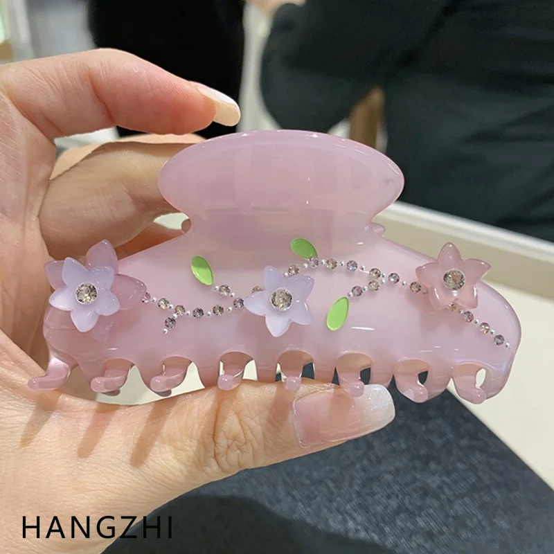 HANGZHI Color Rhinestone Flower Contrast Elegant Hairpin Simple Acetate Shark Hair Clip New French Trendy Lady Hair Accessories