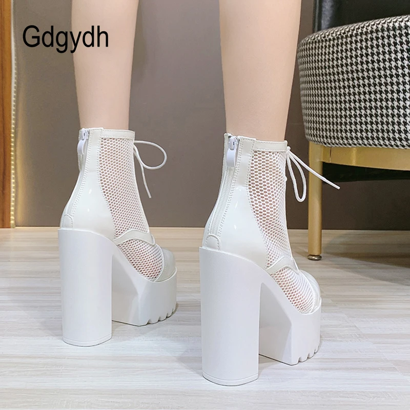 Gdgydh Womens Mesh Breathable High Heel Platform Boots Lace Up and Zipper Sexy Modern Motorcycle Boots Block Heels Punk Style