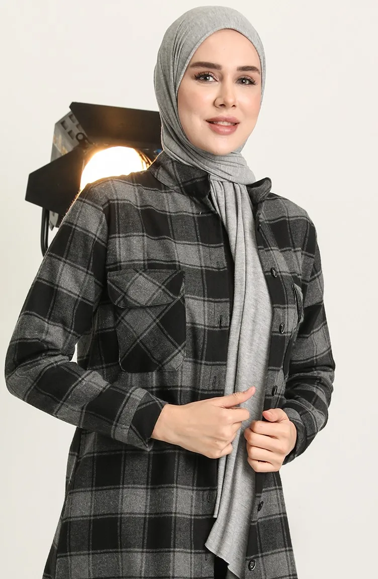 Lumberjack Plaid Patterned Tunic Pocket Buttoned Long Sleeve Unlined Shirt Collar Winter Seasonal Muslim Fashion Hijab  Clothing