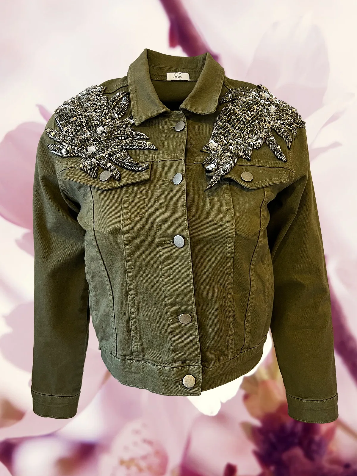 

2022 Fashion Handmade Silver Bead Embroided Army Green Women Denim Jacket