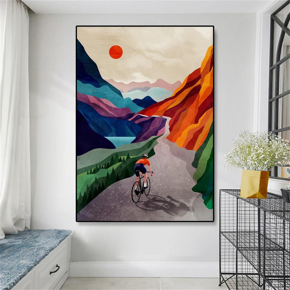 

Modern Bicycle Cycling Art Print Colorful Poster Cycling High In The Mountains Canvas Painting Cycling Wall Art Home Room Decor